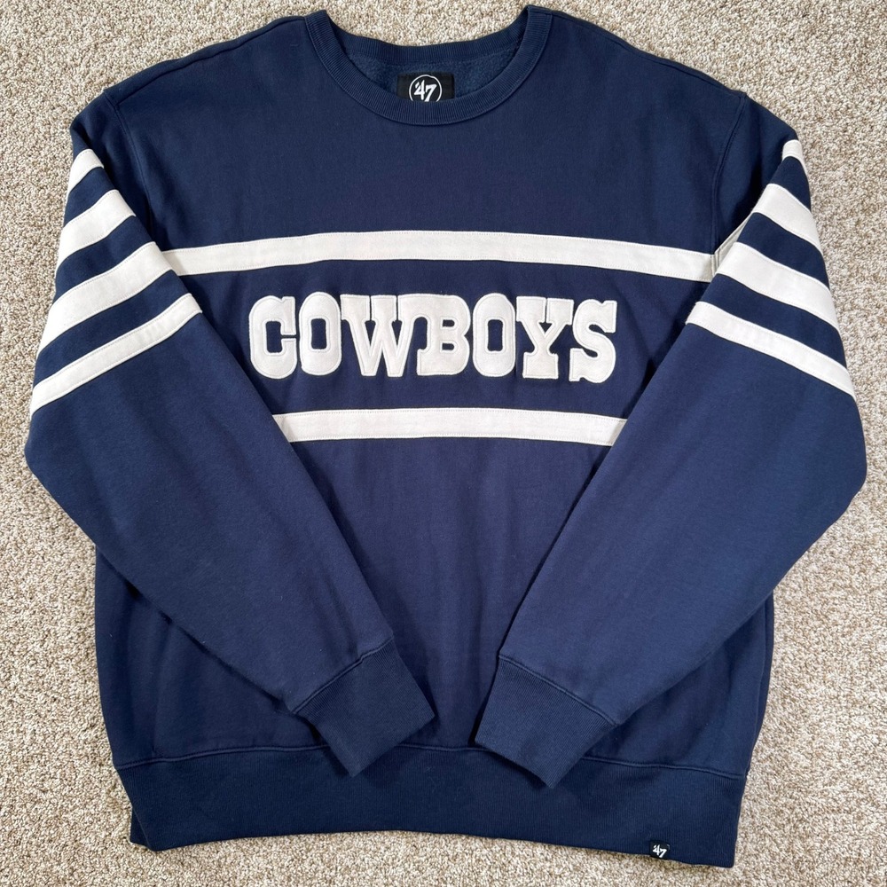 47 Brand Dallas Cowboys Mens XL Navy Blue Varsity Stripe Crewneck Sweatshirt NFL